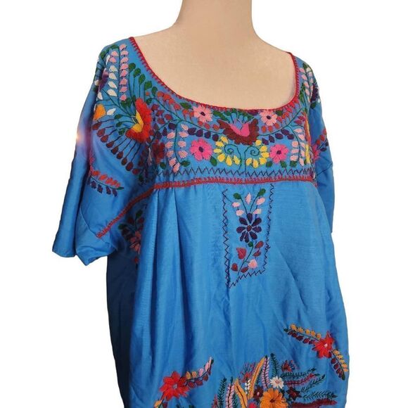 Blue 70s Embroidered Floral Kaftan Hpuse Dress Maxi Colourful - Picture 5 of 7